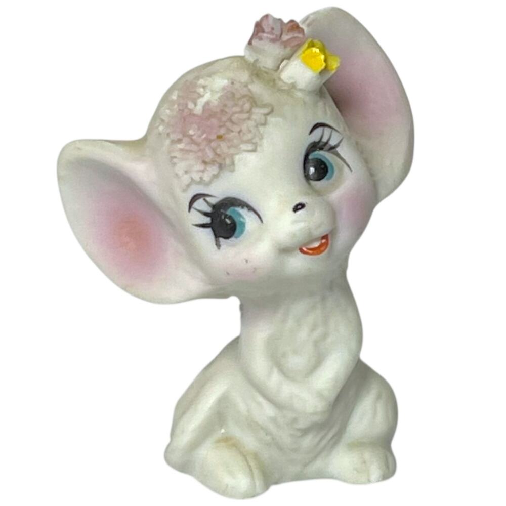 Vintage Taiwan Ceramic Mouse Figurine Big Eyes Pink Ears Cute Animal 2”